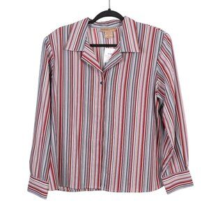 Notations Button Up Satin Shirt Y2K PXL Womens Striped Red White Blue Collared